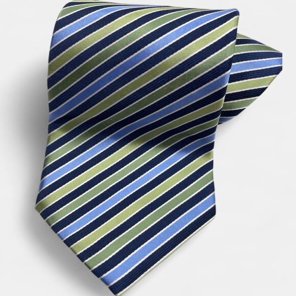Geoffrey Beene Silk Tie Striped Geometric XL Extra Long Green Blue - Picture 2 of 6
